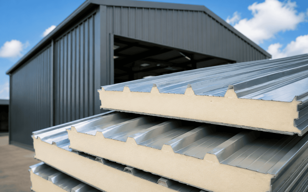 Composite insulated roof panels stacked outside an industrial building